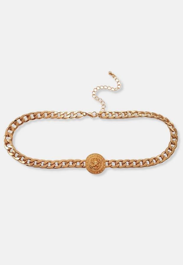 Gold Look Lion Coin Disc Necklace, Women, , large image number 0