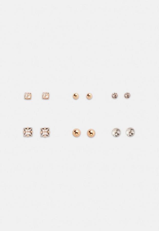 Gold Look Crystal And Metal Stud Earrings 6 Pack, Women, , large image number 1