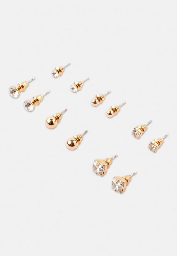 Gold Look Crystal And Metal Stud Earrings 6 Pack, Women, , large image number 2