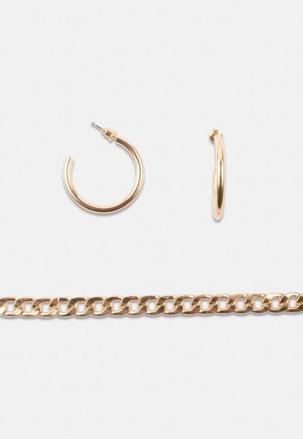 Gold Look Tube Hoops And Chain 2 Pack, Women, , large image number 1
