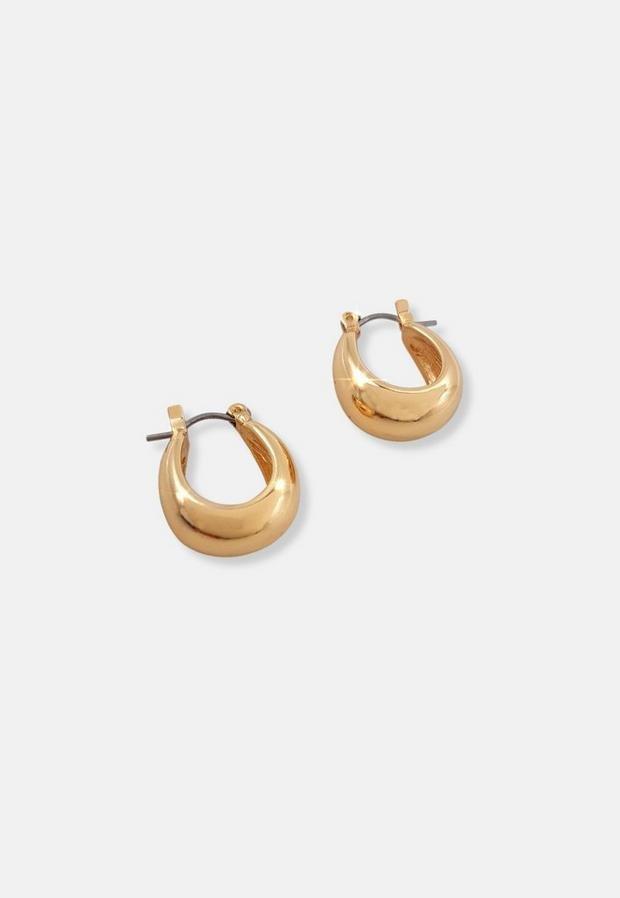 Gold Look Plain Metal Huggie Hoop Earrings, Women, , large image number 0