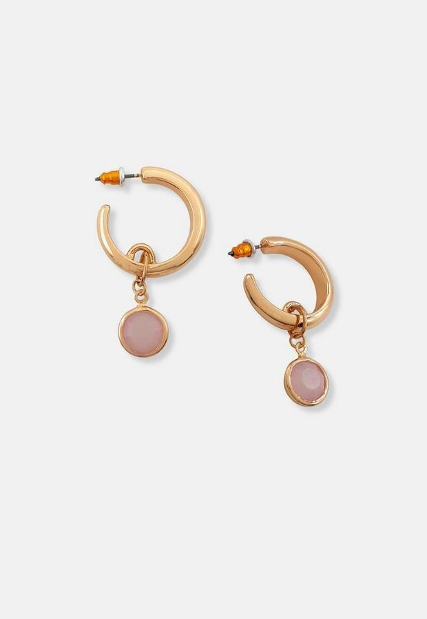 Gold Look Thick Pink Drop Hoop Earrings, Women, , large image number 0