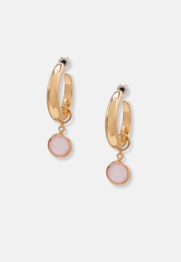 Gold Look Thick Pink Drop Hoop Earrings, Women, , large image number 2