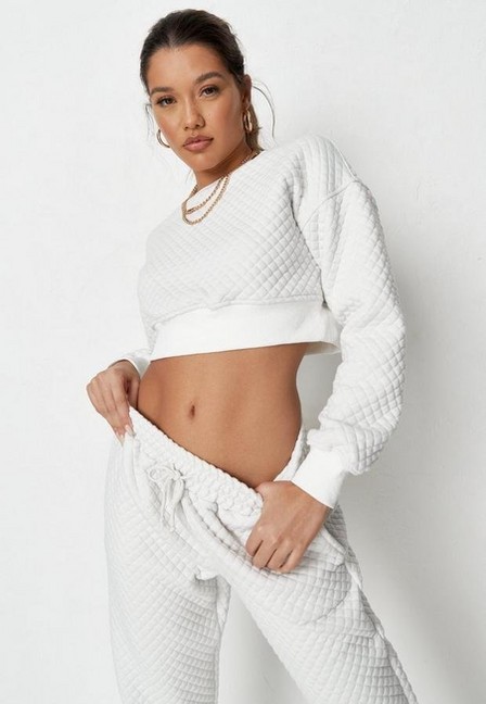 Missguided - White Quilted Sweatshirt And Joggers Co Ord Set