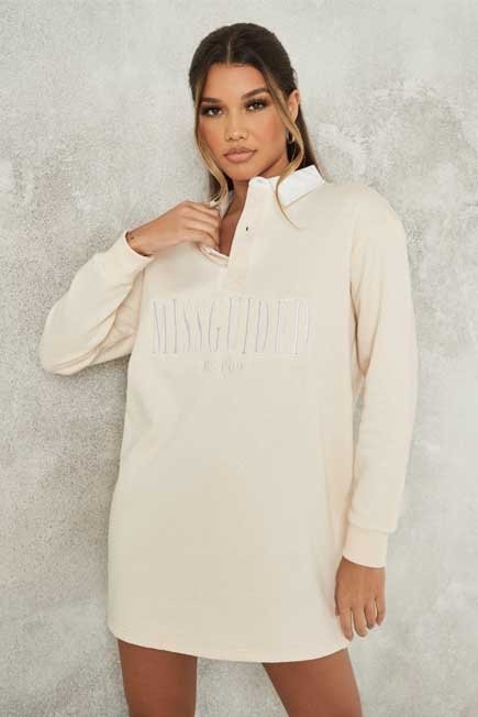 Missguided - Stone Missguided Embroidery Rugby Shirt Dress, Women