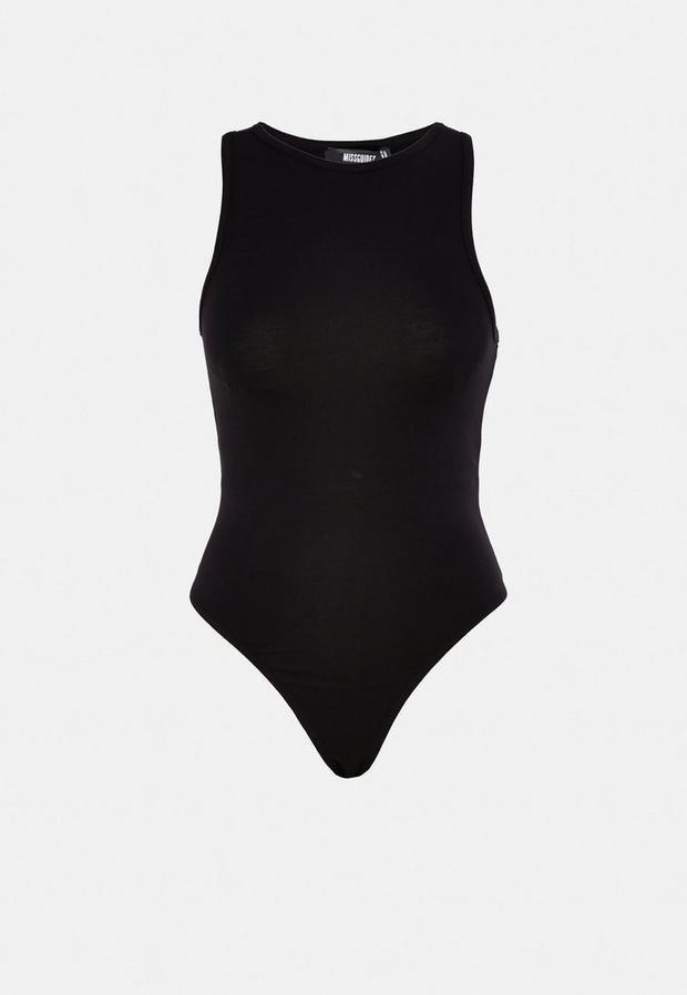 Black Black Racer Neck Sleeveless Bodysuit, , large image number 1