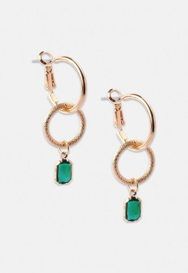 Gold Look Double Hoop Drop Earrings, Women, , large image number 0
