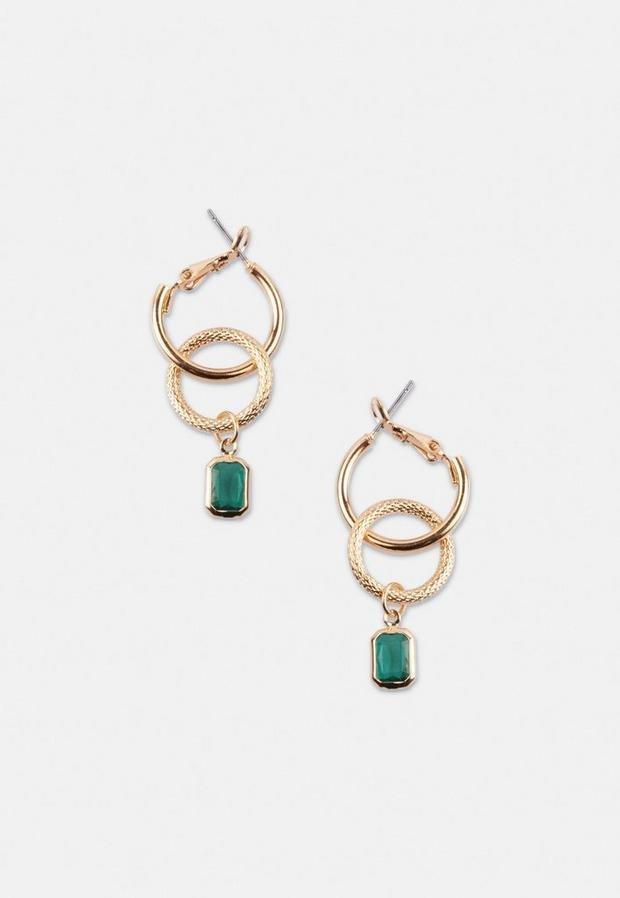 Gold Look Double Hoop Drop Earrings, Women, , large image number 1