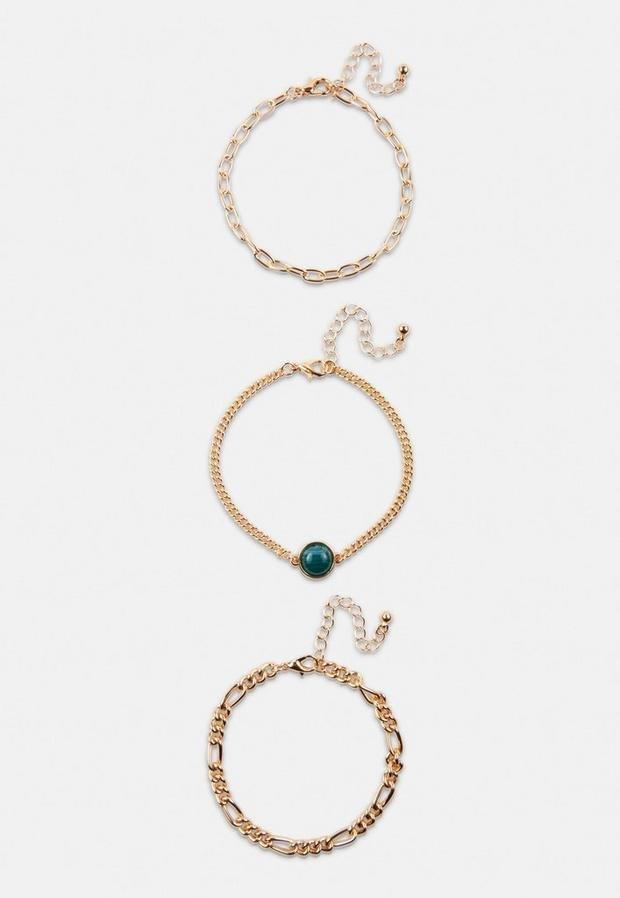Gold Look Green Stone Mix Chain Bracelet 3 Pack, Women, , large image number 1