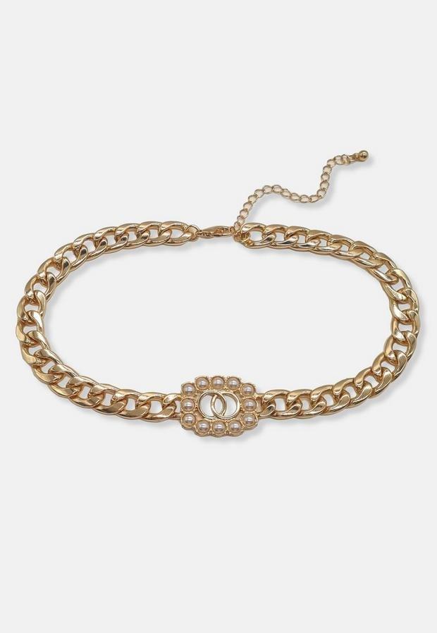 Gold Look Linked Rings Pearl Surround Chain Necklace, Women, , large image number 0