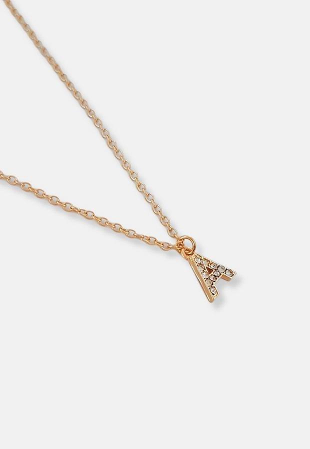 Gold Look Pave A Initial Pendant Necklace, Women, , large image number 1