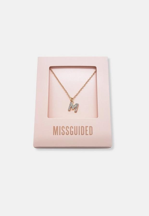 Gold Look Pave M Initial Pendant Necklace, Women, , large image number 1