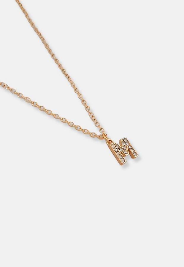 Gold Look Pave M Initial Pendant Necklace, Women, , large image number 2