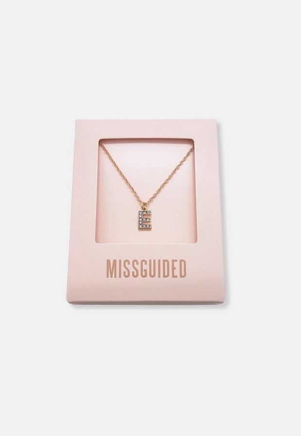 Gold Look Pave E Initial Pendant Necklace, Women, , large image number 1