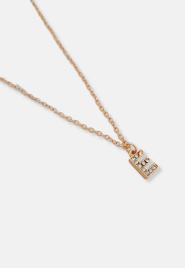 Gold Look Pave E Initial Pendant Necklace, Women, , large image number 2