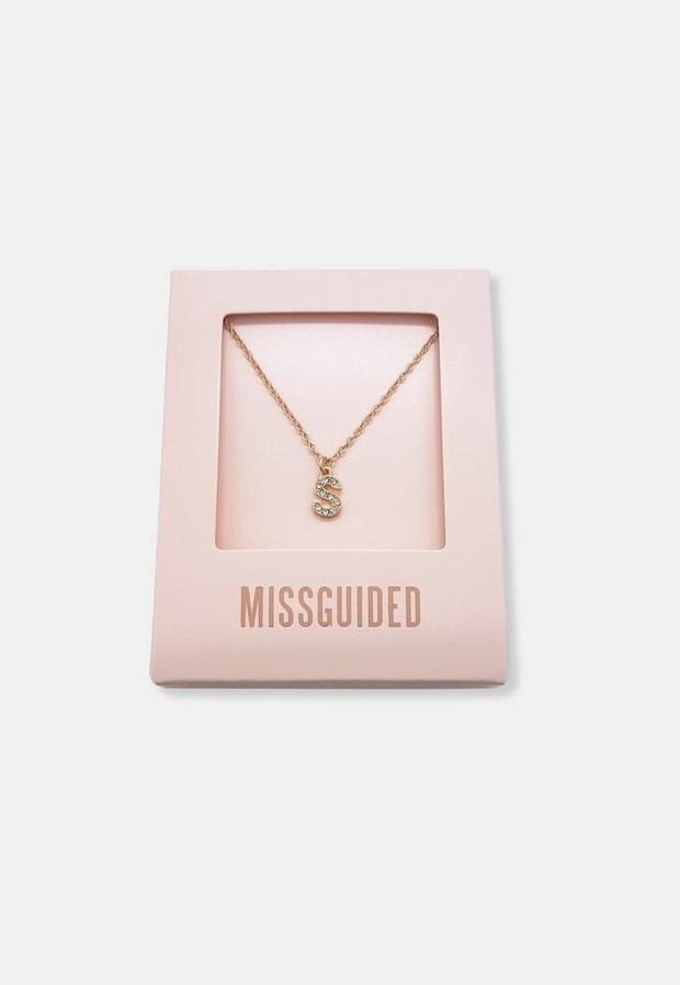 Gold Look Pave S Initial Pendant Necklace, Women, , large image number 0