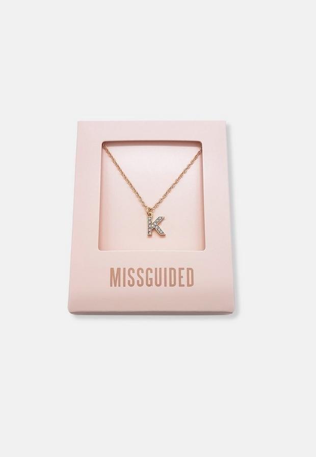 Gold Look Pave K Initial Pendant Necklace, Women, , large image number 0