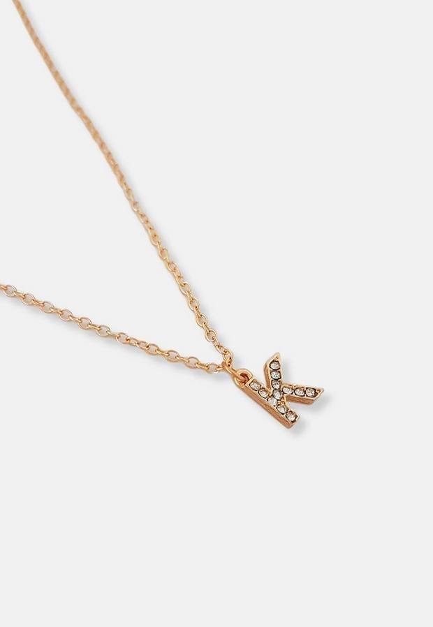 Gold Look Pave K Initial Pendant Necklace, Women, , large image number 3