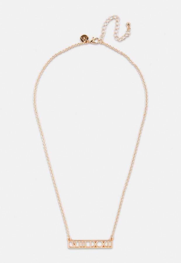 Gold Look Roman Numeral Pendant Necklace, Women, , large image number 1
