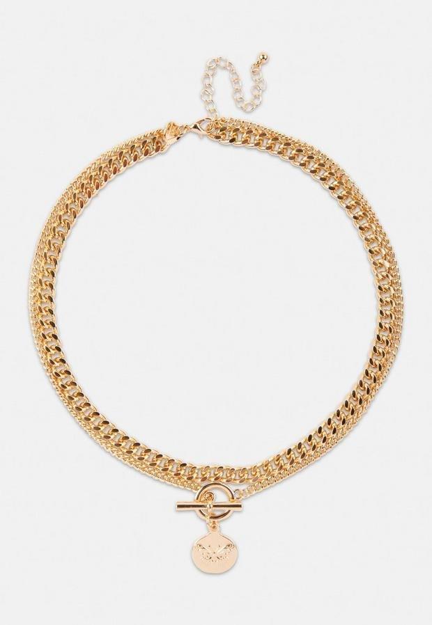 Gold Look Butterfly Disc Multi Row Chain Necklace, Women, , large image number 0