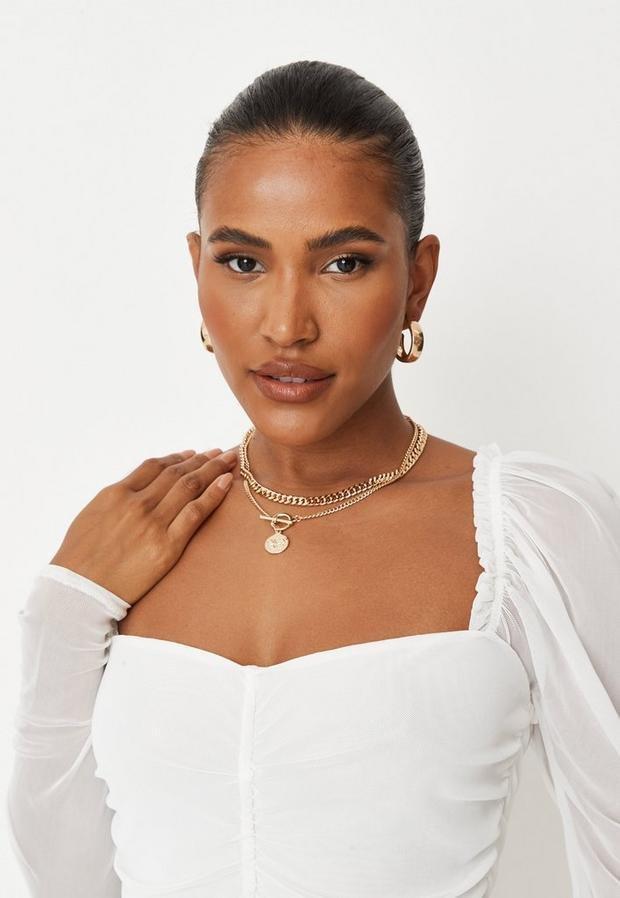 Gold Look Butterfly Disc Multi Row Chain Necklace, Women, , large image number 1