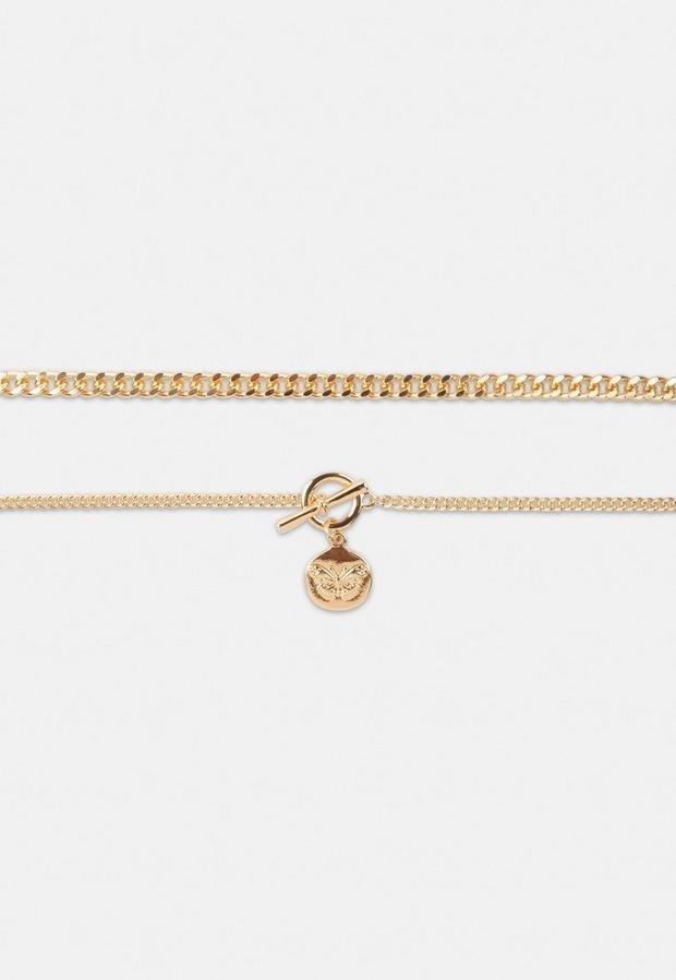 Gold Look Butterfly Disc Multi Row Chain Necklace, Women, , large image number 2