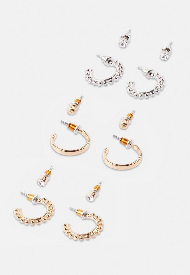 Gold Look Stud And Hoop Earrings 6 Pack, Women, , large image number 0