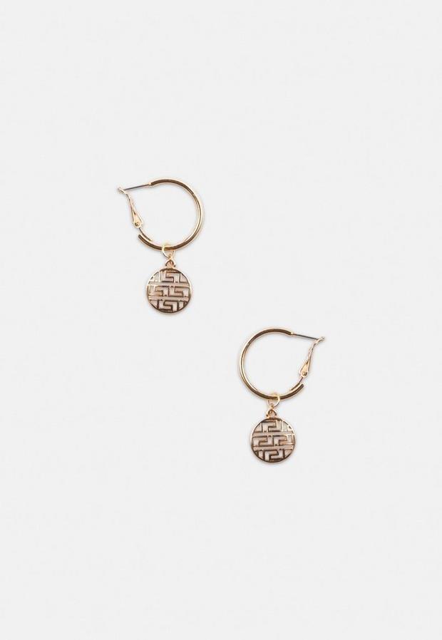Gold Gold Look Geo Disc Drop Hoop Earrings, , large image number 0