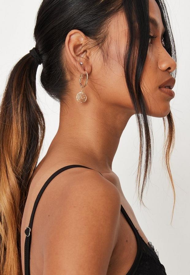 Gold Gold Look Geo Disc Drop Hoop Earrings, , large image number 1