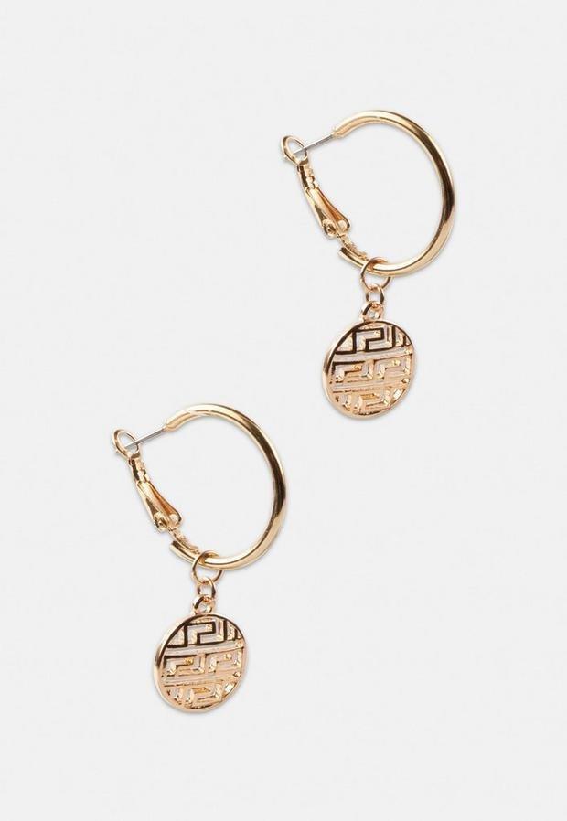 Gold Gold Look Geo Disc Drop Hoop Earrings, , large image number 2