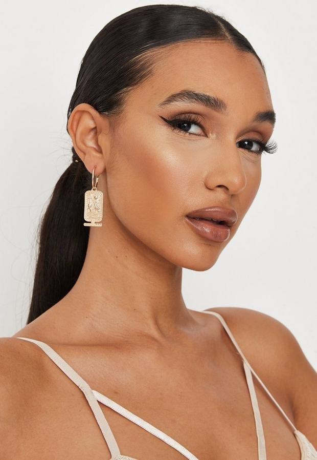 Gold Look Tag Hoop Earrings, Women, , large image number 1