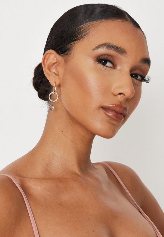 Gold Look Grey Double Link Drop Earrings, , large image number 1