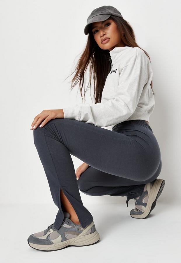 Grey Charcoal Jersey Split Hem Leggings, , large image number 1