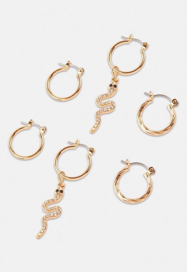 Gold Look Snake Charm Hoop Earrings 3 Pack, Women, , large image number 0