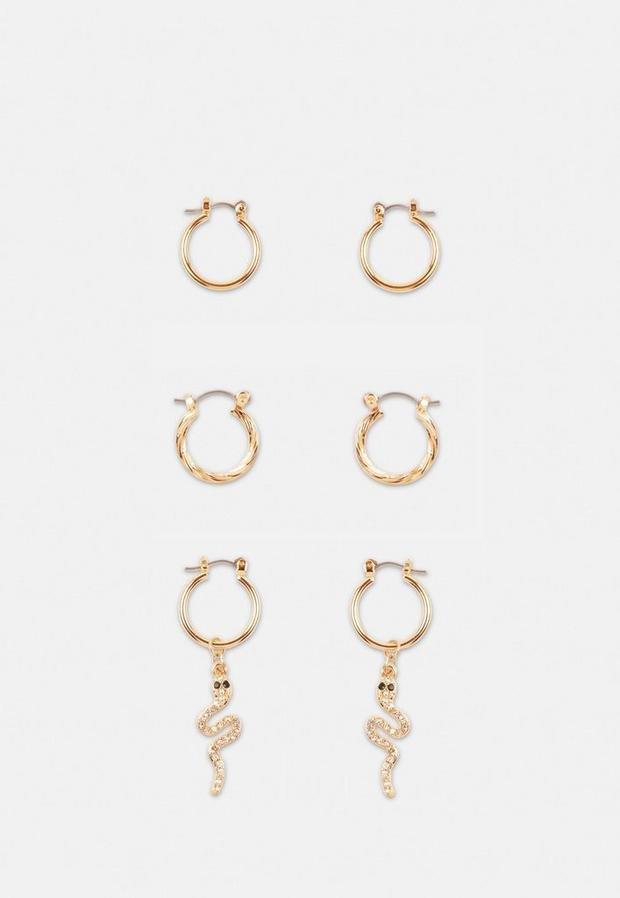 Gold Look Snake Charm Hoop Earrings 3 Pack, Women, , large image number 1