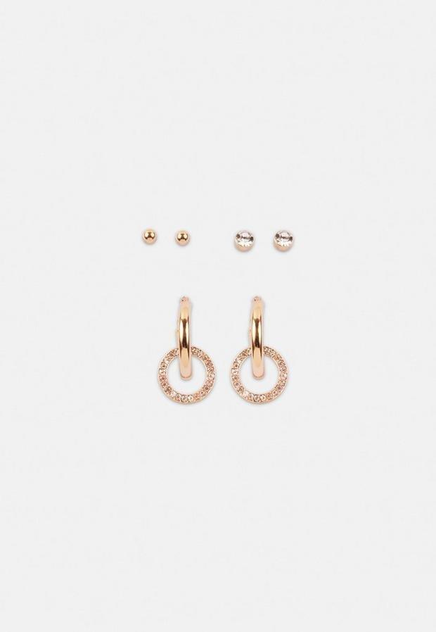 Gold Gold Look Stud And Diamante Drop Hoop Earrings 3 Pack, , large image number 1