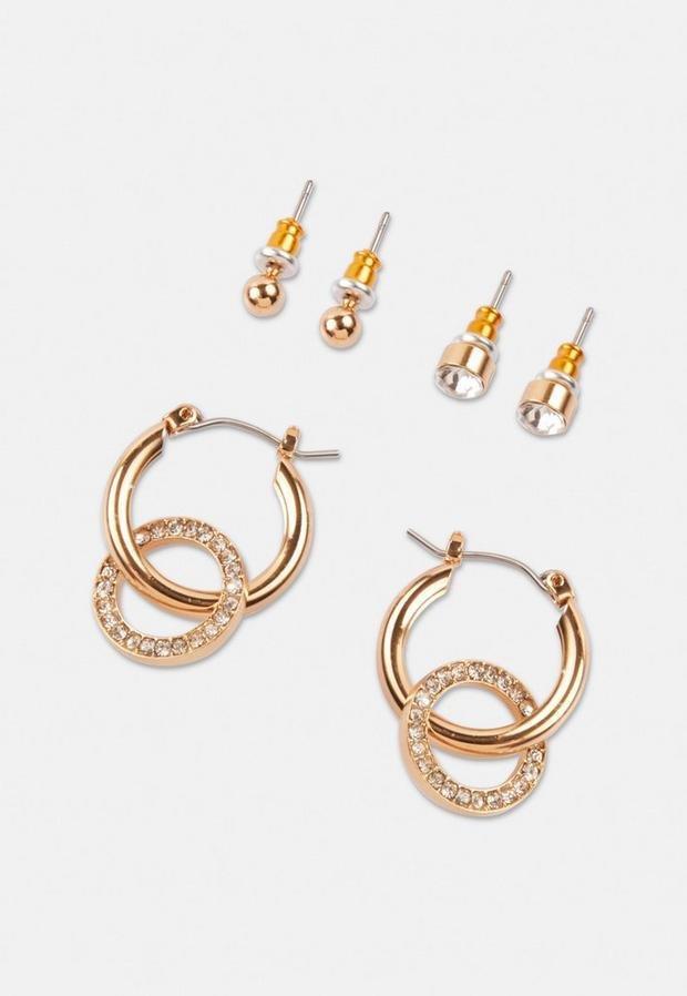 Gold Gold Look Stud And Diamante Drop Hoop Earrings 3 Pack, , large image number 2
