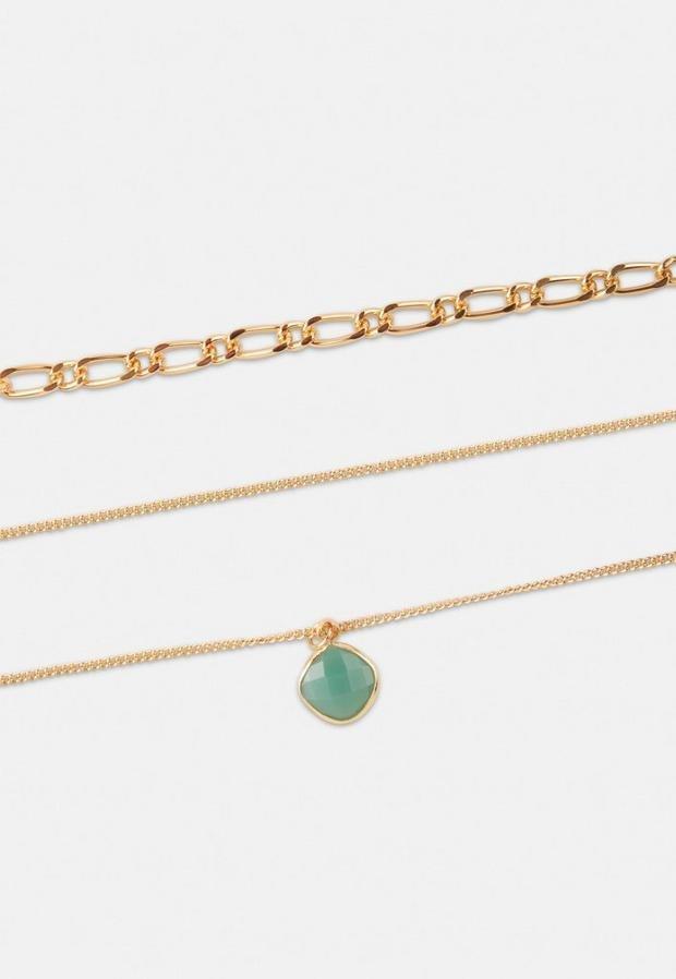 Gold Look Curb Chain Multirow Jade Stone Necklace, Women, , large image number 0