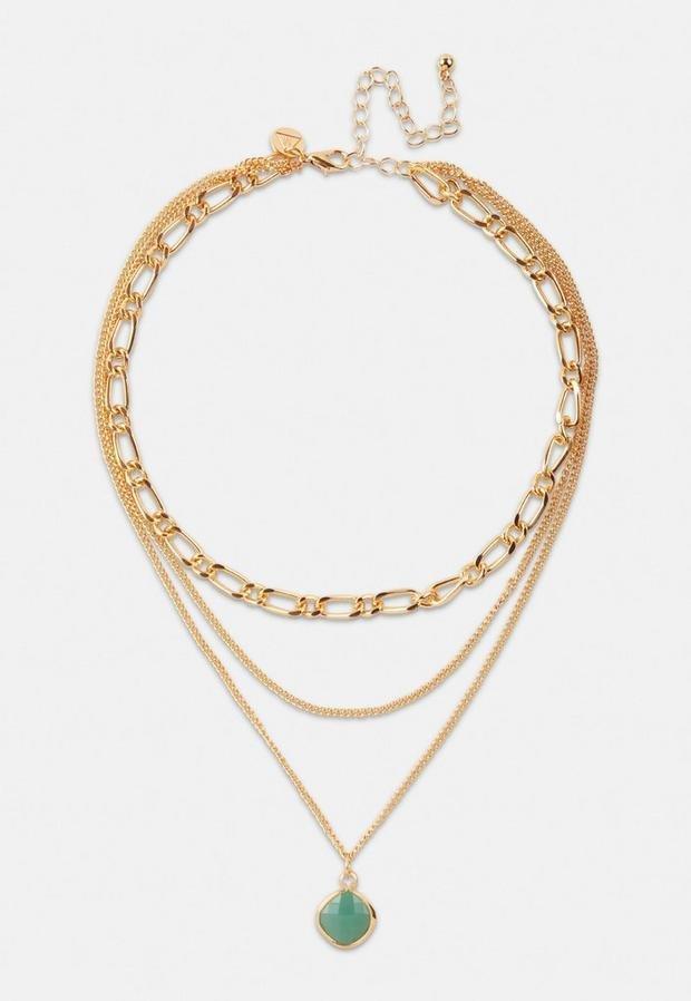 Gold Look Curb Chain Multirow Jade Stone Necklace, Women, , large image number 1