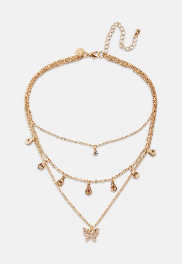 Gold Look Pave Butterfly Drop Multirow Necklace, Women, , large image number 0