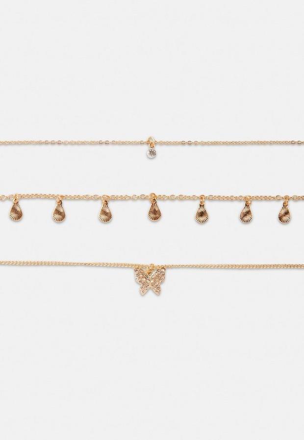 Gold Look Pave Butterfly Drop Multirow Necklace, Women, , large image number 2