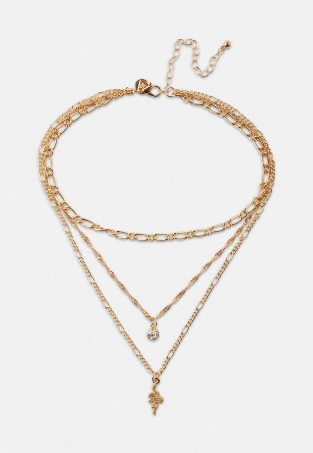 Gold Look Snake Drop Choker Multirow Necklace, Women, , large image number 1