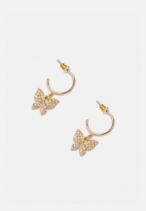 Gold Look Pave Butterfly Ditsy Hoop Earrings, Women, , large image number 0