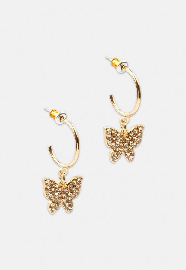 Gold Look Pave Butterfly Ditsy Hoop Earrings, Women, , large image number 2