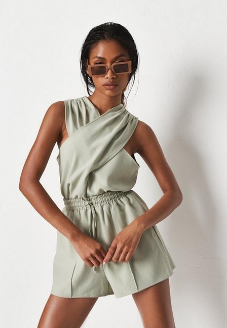 Missguided - Green Sage Co Ord Drape Wrap Top, Women