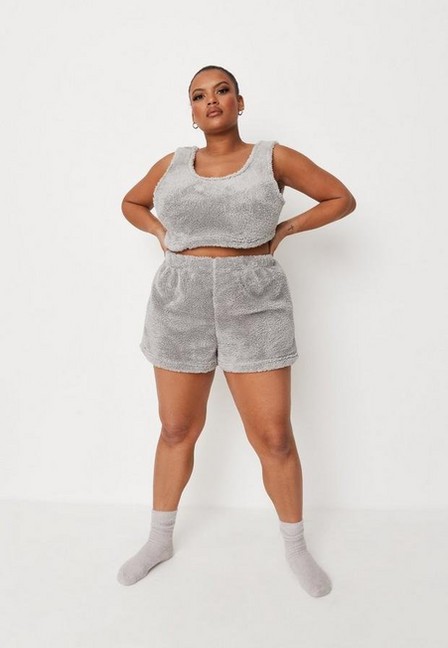 Missguided - Plus Size Grey Cropped Short Fluffy Loungewear Set, Women