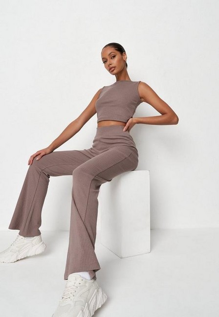 Missguided - Brown Co Ord Rib Flared Trousers, Women