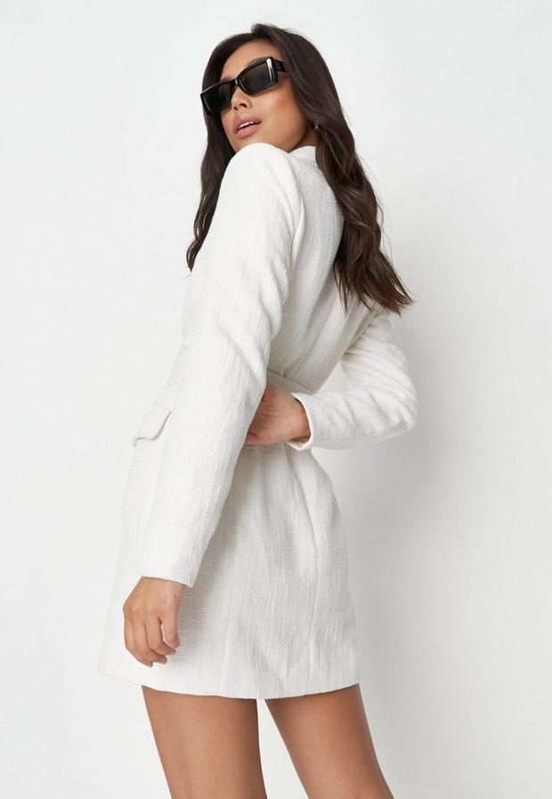 White Boucle Buckle Belted Blazer Dress, Women, , large image number 3