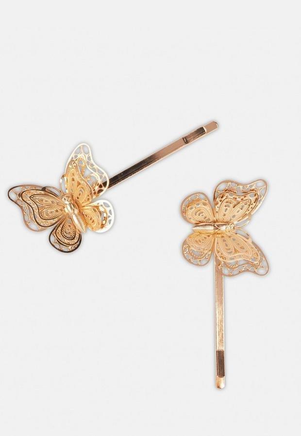 Gold Gold Look Butterfly Hair Clips, , large image number 0