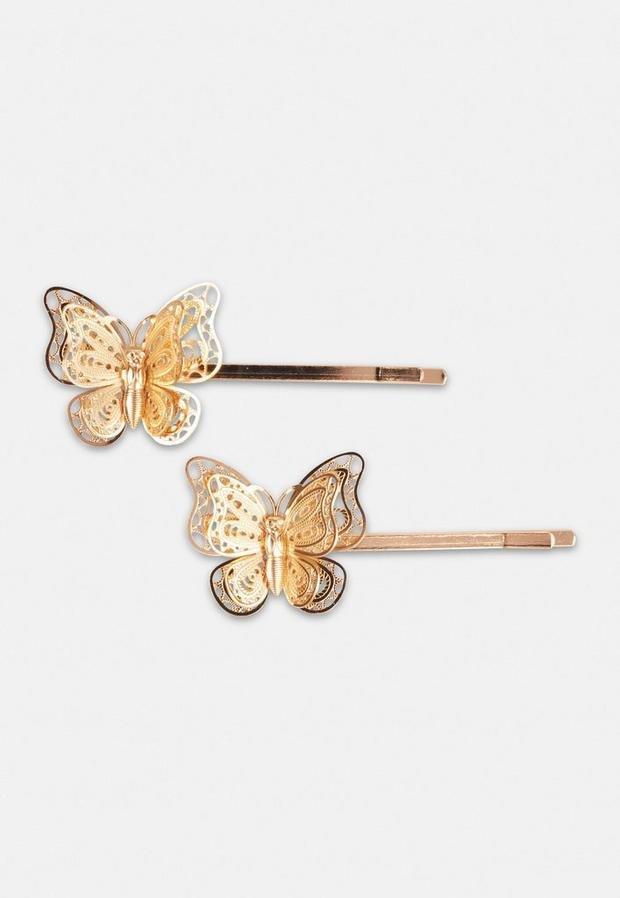 Gold Gold Look Butterfly Hair Clips, , large image number 1